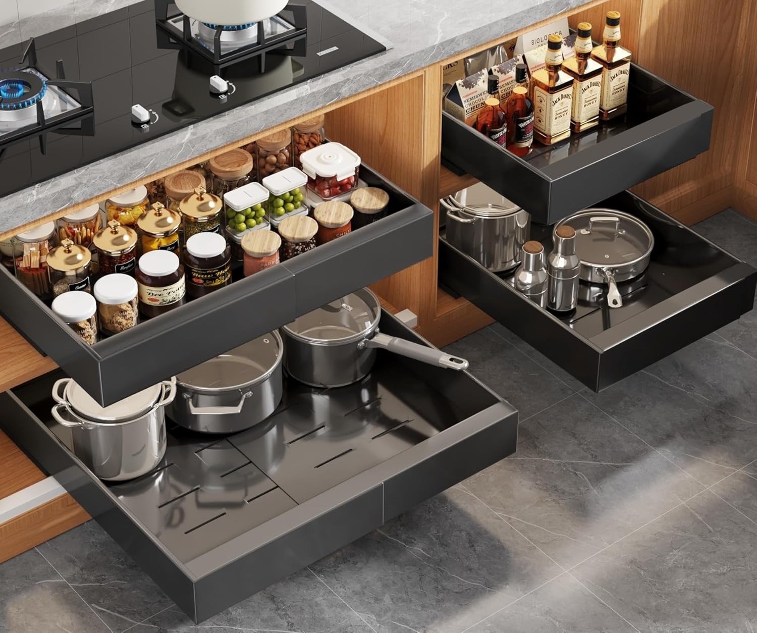 Drawer Slide Pair - ขยายดึงตู้สําหรับกรอบตู้,อัพเกรด 3 รางสไลด์เลื่อนลิ้นชัก,ไม่มีเจาะ Roll Out ชั้นวาง